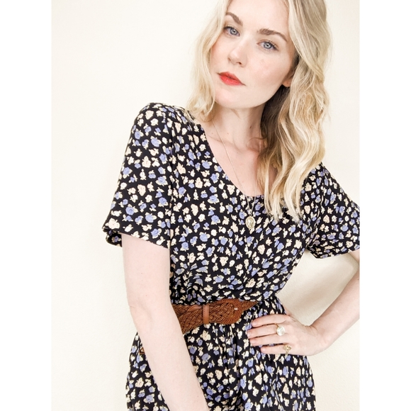 80s Culotte Jumpsuit Short Sleeve Ditzy Floral - Picture 12 of 15